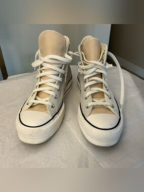 Sneakers, Converse, All Star,Platform, Leather , Women's 9 white+beige ivory